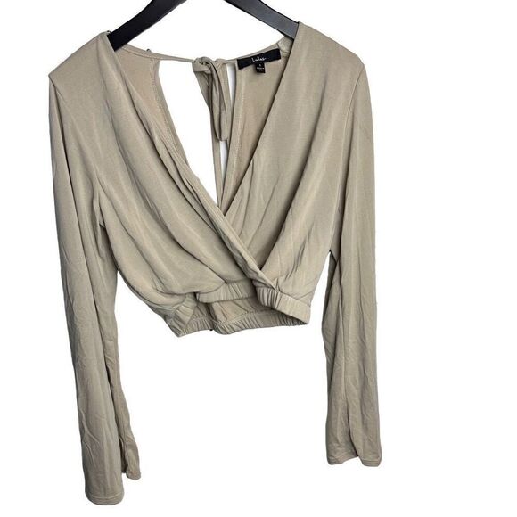 Lulus Tops - Lulus Tan Bell Sleeve Tie Back Crossover Cropped Top Size Small